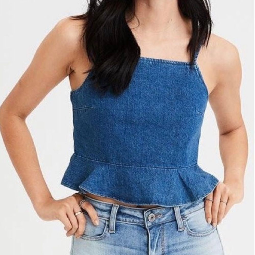 American Eagle Blue Denim Square Neck Flounce Hem Crop Top